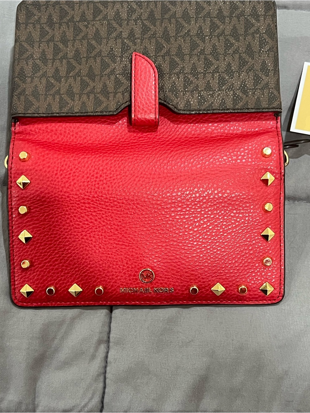 Michael Kors Hot Pink and Brown Signature Studded Crossbody Wallet - Picture 10 of 14